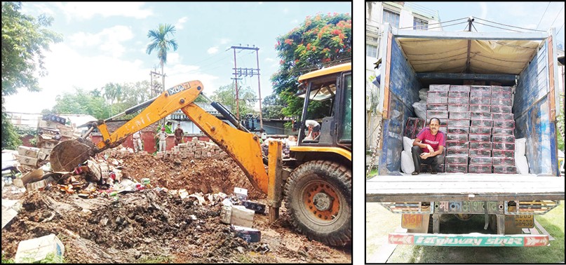 (LEFT) Heavy machinery put to work to demolish the illicit impounded IMFL at the premises of the Directorate of Excise & Prohibition, Dimapur on July 23. (Morung Photo)  (RIGHT) Photo released by the Excise department shows the IMFL seized from a truck at the Newfield inter-state check-post, Dimapur on July 22.